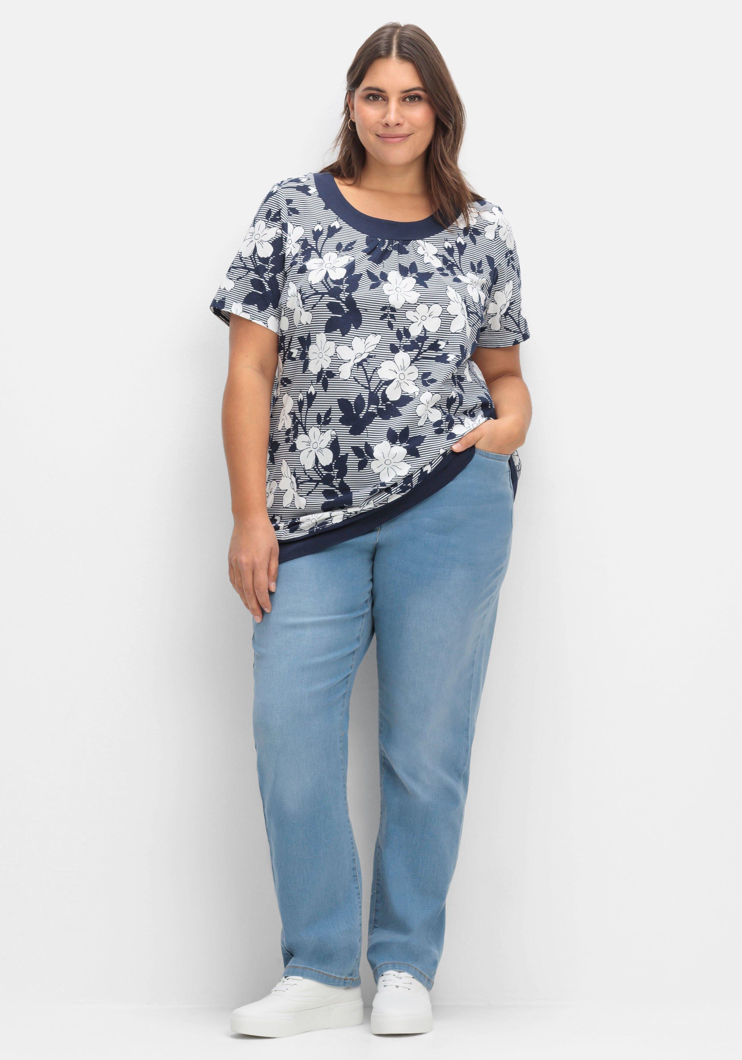 Shirt in leichter A-Linie, mit Blumendruck und Streifen