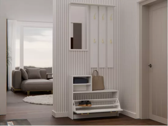 VITTORIA - Vestiaire d'entrée - Patère murale + miroir + rangement chaussures - 180x85x24 - Meuble d'entrée - Beige