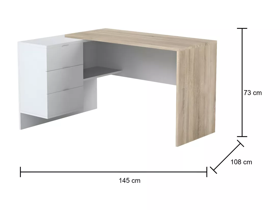 Bureau Dafage, Bureau réversible multifonctionnel avec tiroirs, Bureau d'angle avec support PC ou table de bureau, 145x108h73 cm, Chêne et Blanc