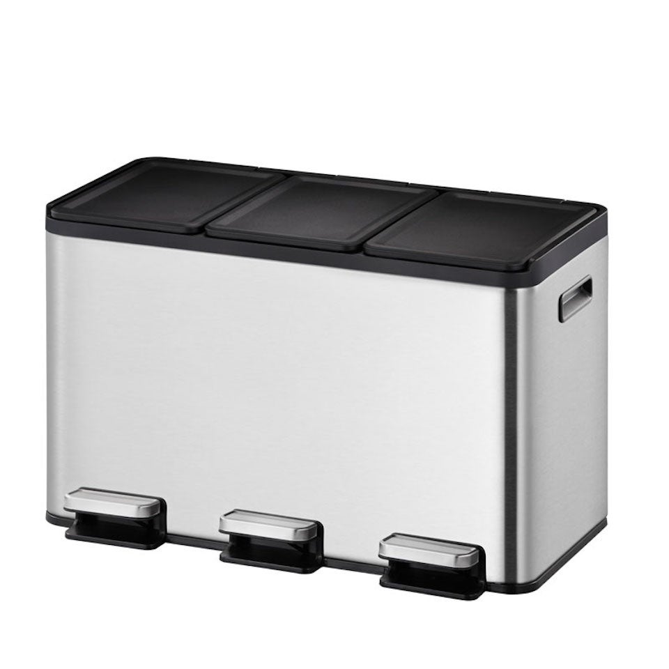 PROREGAL Rechthoekige afvalbak van geborsteld roestvrij staal met aparte softclose- en openhouddeksels 30 liter HxBxD 37,1 x 59,5 x 32,1 cm Zilver