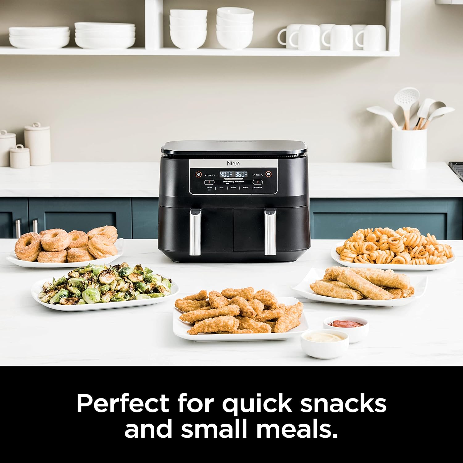 Ninja DZ090 Foodi – Friteuse à air 5 en 1 DualZone à 2 paniers avec 2 paniers de friture indépendants, Match Cook & Smart Finish pour rôtir, cuire, déshydrater et plus encore pour des collations