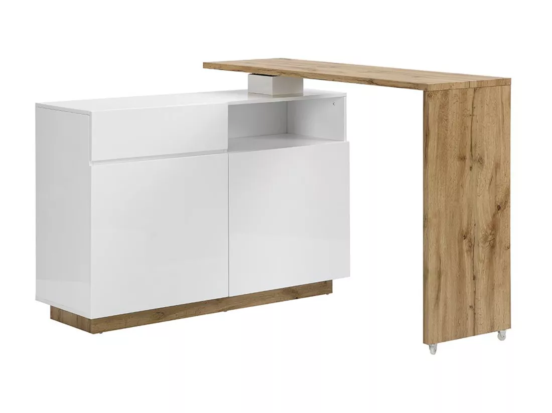 Meuble de bar pivotant avec 2 portes, 1 tiroir et 1 niche en MDF - Blanc laqué et Naturel - ELDIR