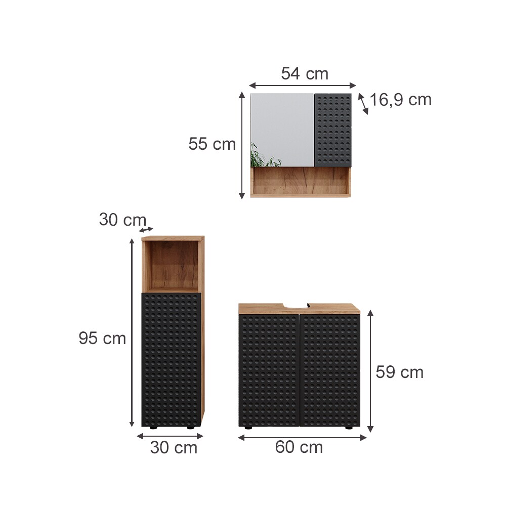 Vicco Badmöbel-Set Irma Eiche Anthrazit 4-teilig Midischrank 95 cm Waschbeckenschrank 60 cm