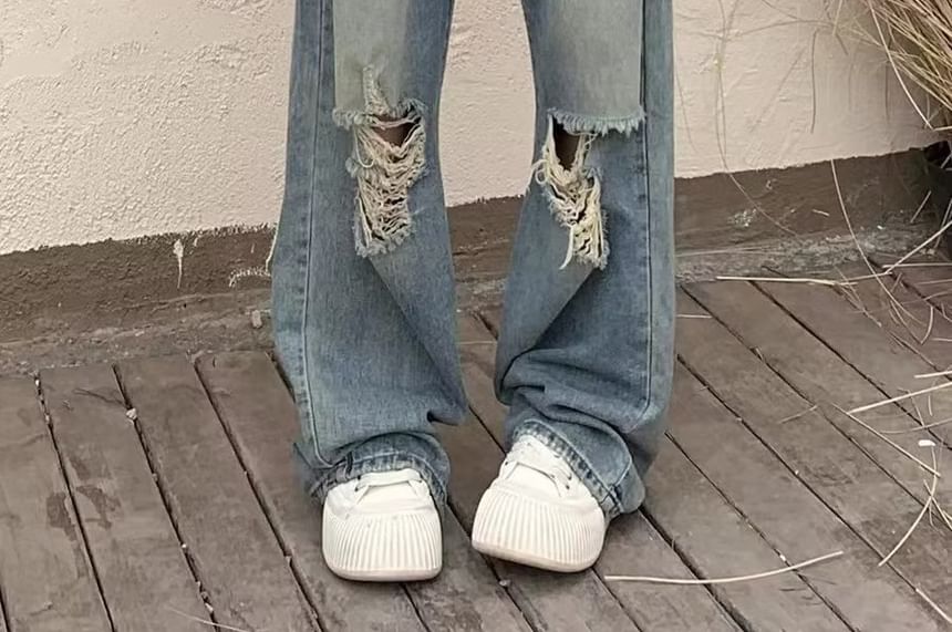 deersweeti - High Waist Washed Distressed Wide Leg Jeans