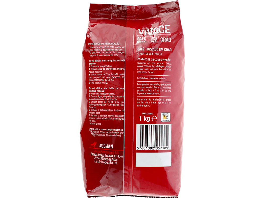 CAFÉ AUCHAN TORRADO GRÃO VIVACE 1KG