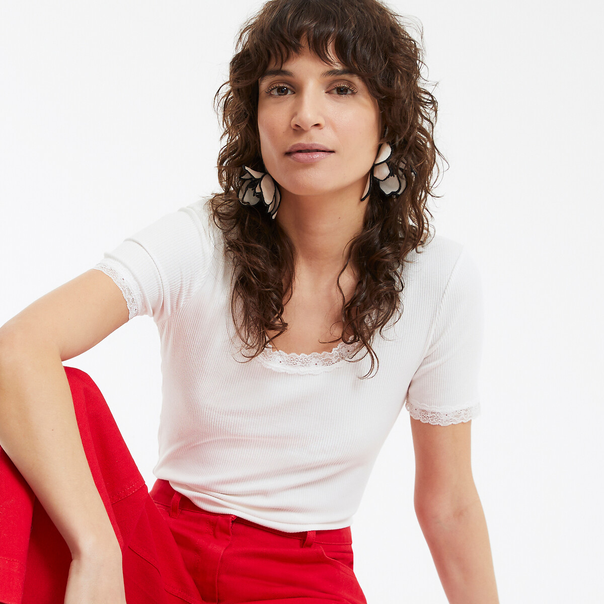 COLEÇÃO LA REDOUTE<br>Camiseta com gola redonda e detalhe em renda, mangas curtas