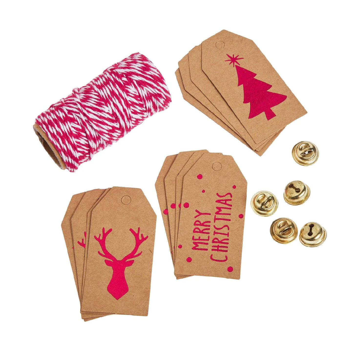 Geschenke-Set, rot-weiß-natur, Kordel/Anhänger/Glocke