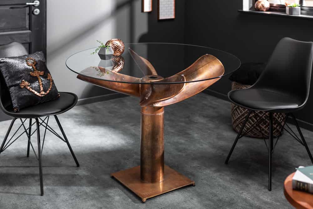 Maritimer Esstisch OCEAN 105cm kupfer geflammt Glastisch mit Schiffsschraube
