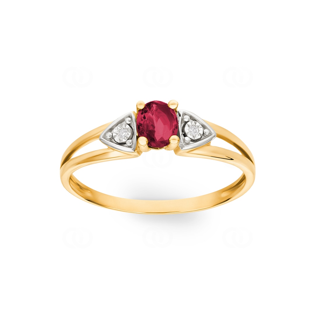 Damenring 750/18 K Gelbgold mit Rubin oval & Diamanten 0.01ct.