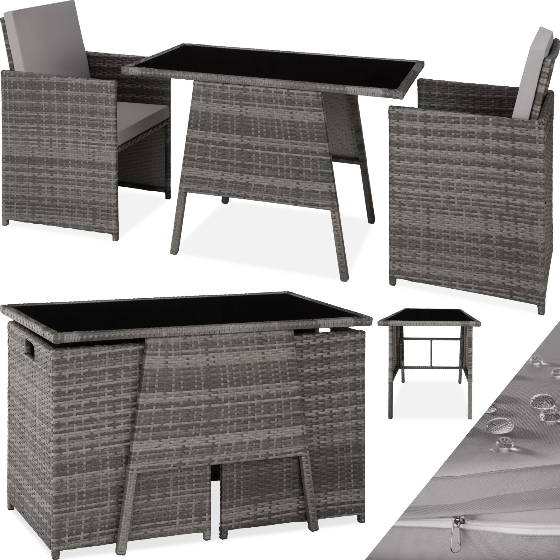 tectake® Rattan Sitzgruppe, für 2 Personen, UV-beständig, zusammenschiebbar
