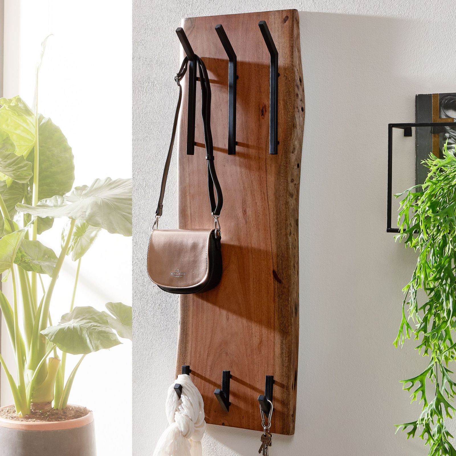 Wandgarderobe - Akazie massiv - hellbraun - 6 Haken - 35,5cm