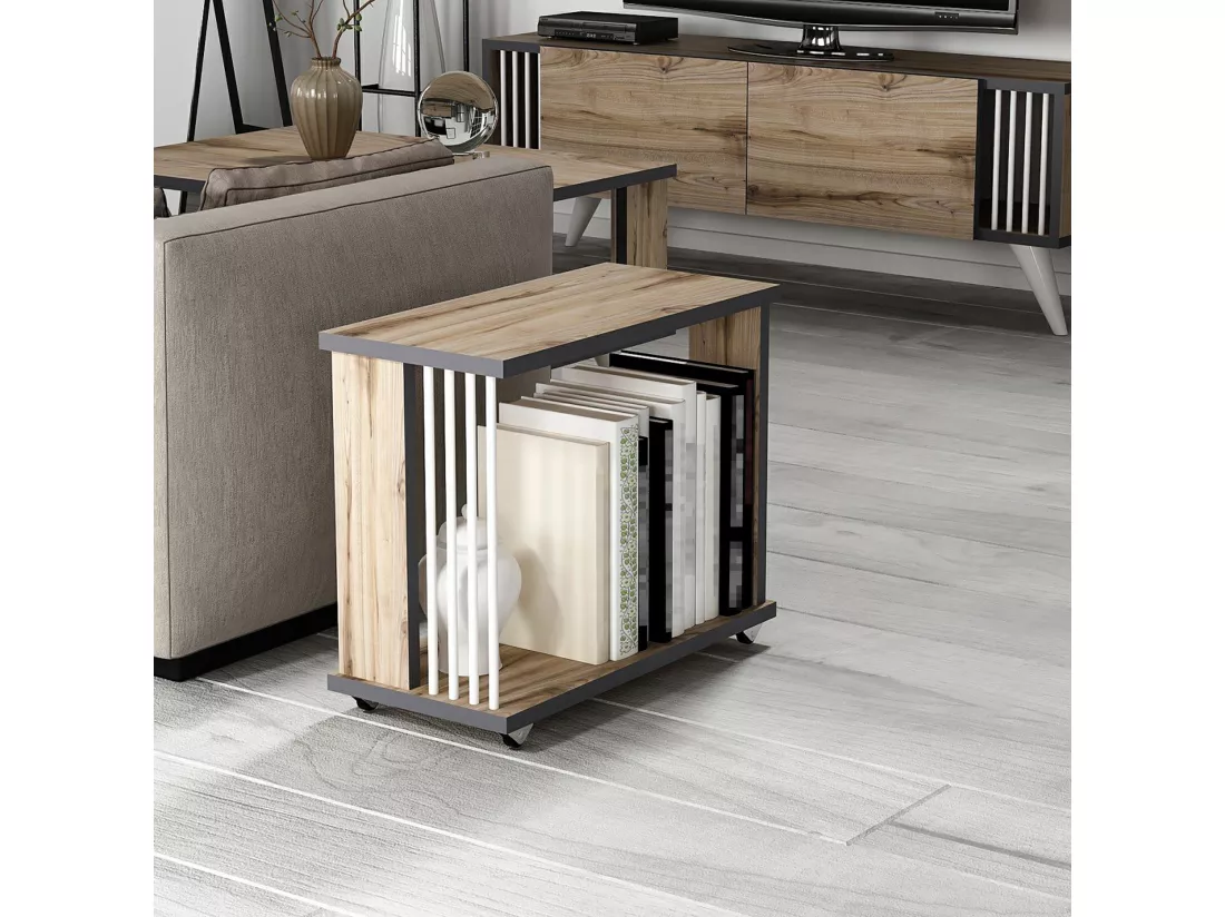Table d'appoint rectangulaire Haarby à roulettes effet chêne / anthracite / blanc [en.casa]