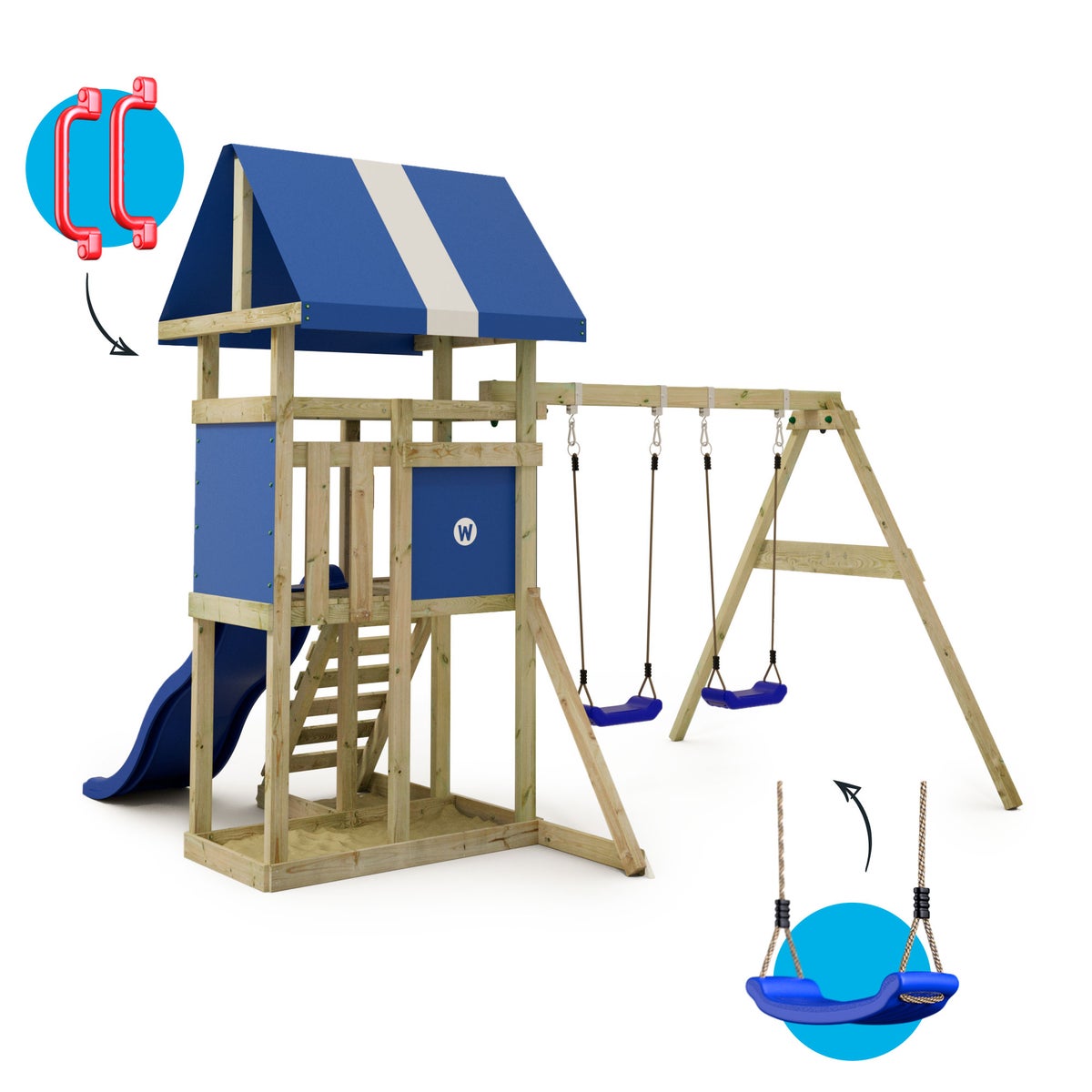 WICKEY DinkyHouse Speeltoren Klimrek met Schommel en Glijbaan, Klimtoren met Zandbak, Ladder en Speelaccessoires - Blauw