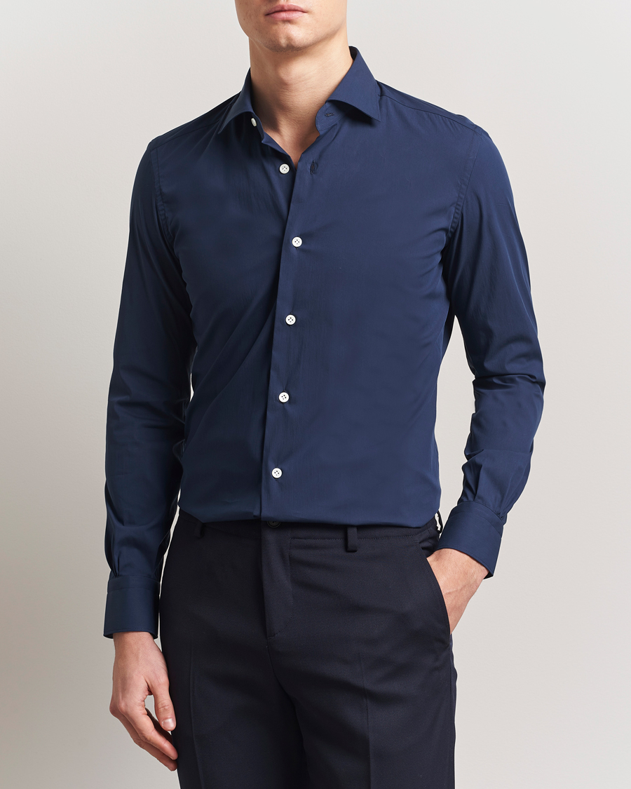 Mazzarelli Soft Cotton/Stretch Cut Away Shirt Navy