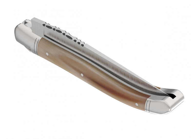 Couteau Laguiole avec un manche en pointe de corne blonde et 2 mitres en acier inoxydable
