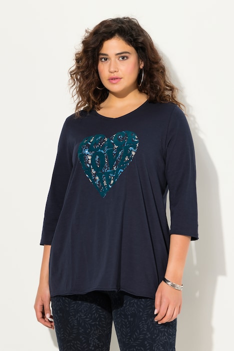 Shirt, Herzmotiv, A-Linie, V-Ausschnitt, Langarm