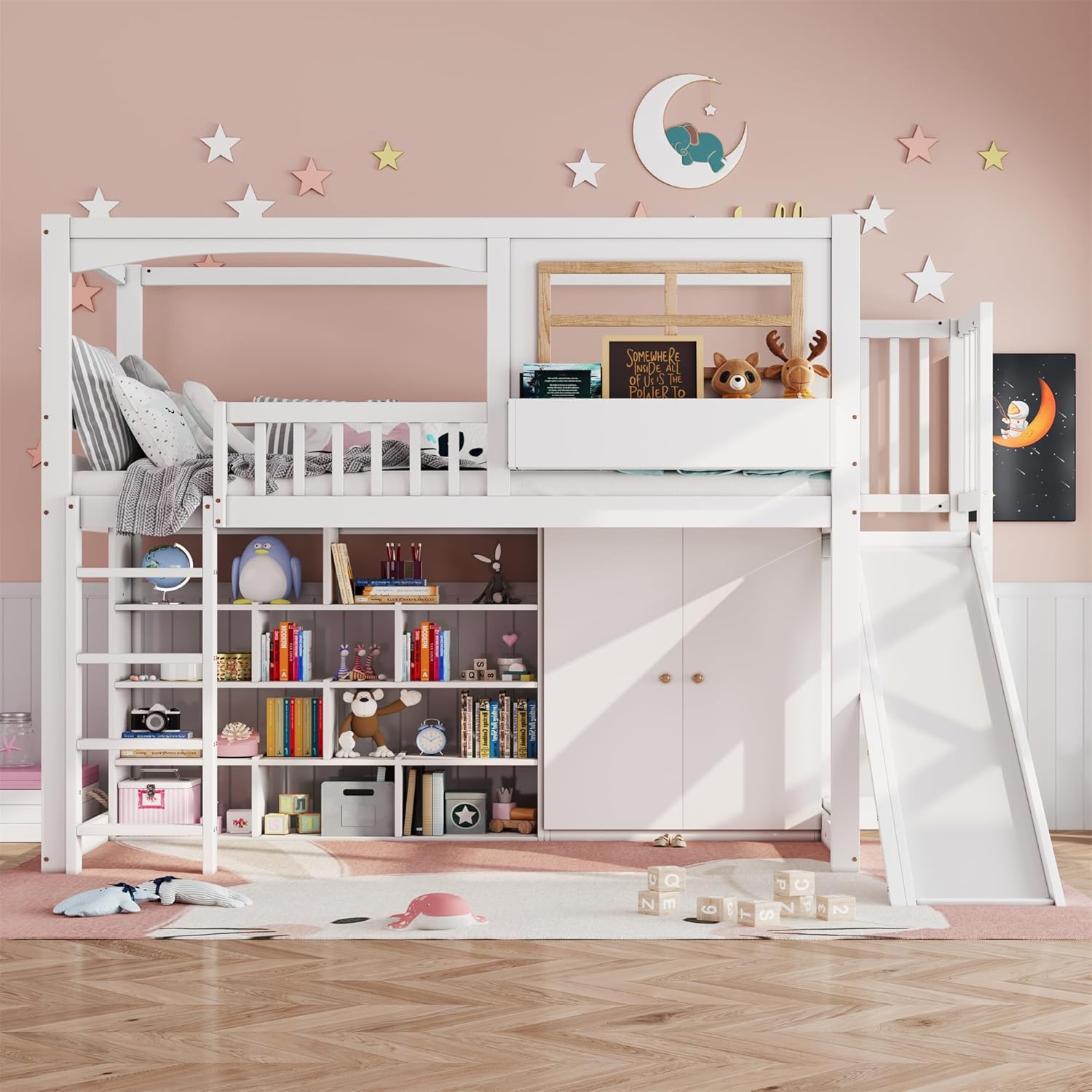 Merax Etagenbett Kinderbett Hochbett mit Rutsche,Stauraum,Kleiderschrank und Fallschutzgitter,Hochbett mit Regal und 4-stufiger Leiter, 90x200 cm, Kiefer + MDF + Sperrholz, Weiß - ohne Matratze