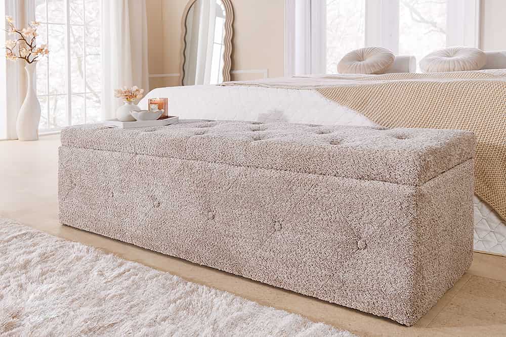 Chesterfield Bettbank EXTRAVAGANCIA 140cm champagner greige Bouclè mit Stauraum