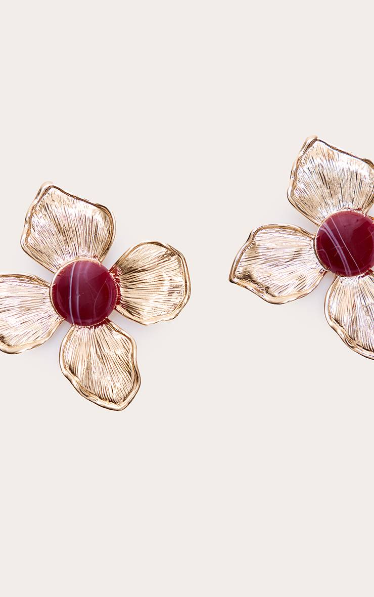 Doré Boucles D'oreilles Florales Texturées Bordeaux