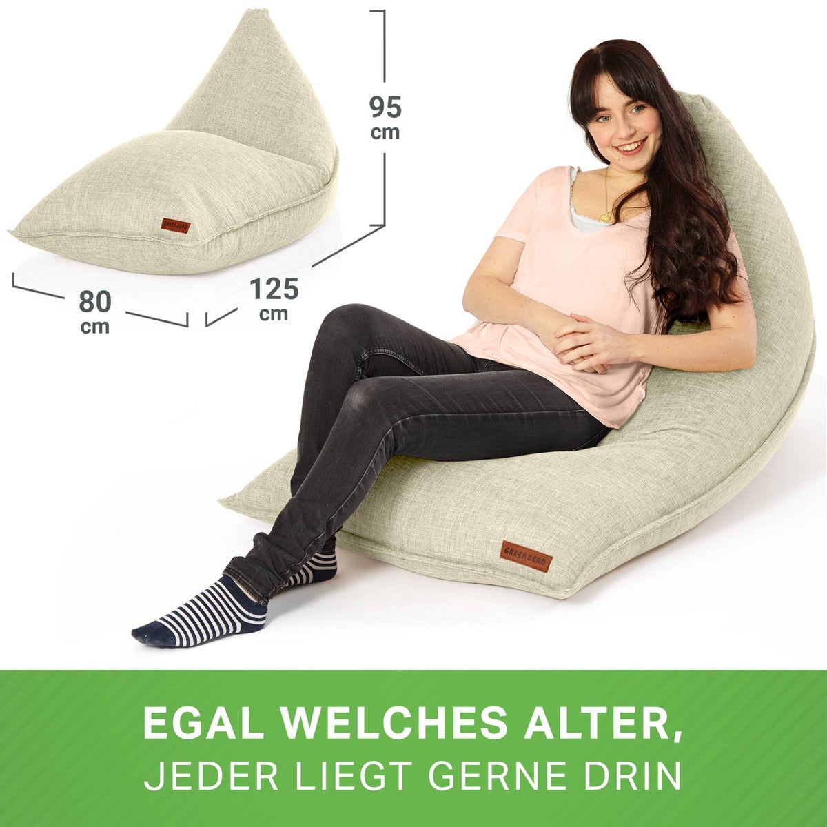Green Bean Triangle Zitzak 150x100x100cm met EPS-korrelvulling - Knuffelzacht en wasbaar - Binnenkussen van stof voor op de vloer, ligstoel en zitkussen - Beige