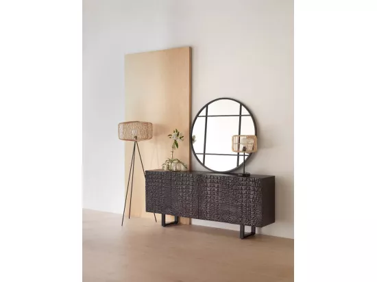Buffet 4 portes en bois de manguier imitation cuir de crocodile noir