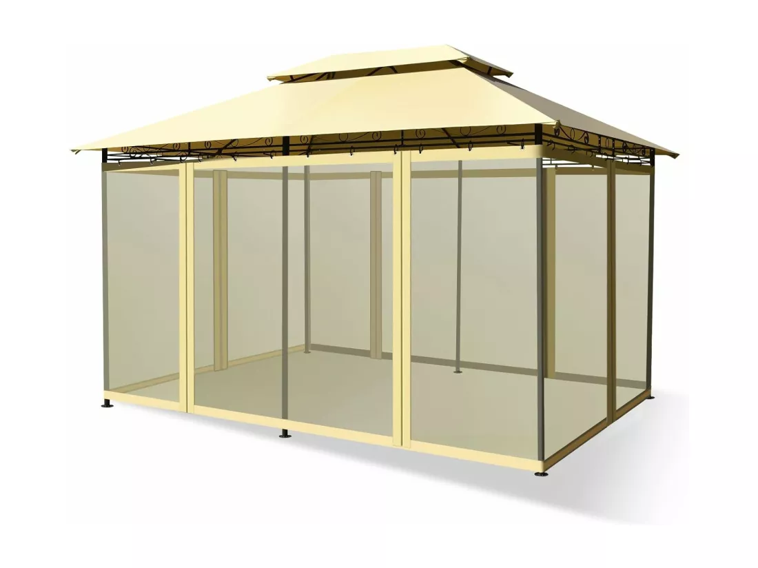 Tonnelle de Jardin 3,9 x 2,9M en Acier avec Rideaux Moustiquaires Amovibles et Toits Doubles, Tente de Réception pour Pique-Nique Festival Mariage (Beige)