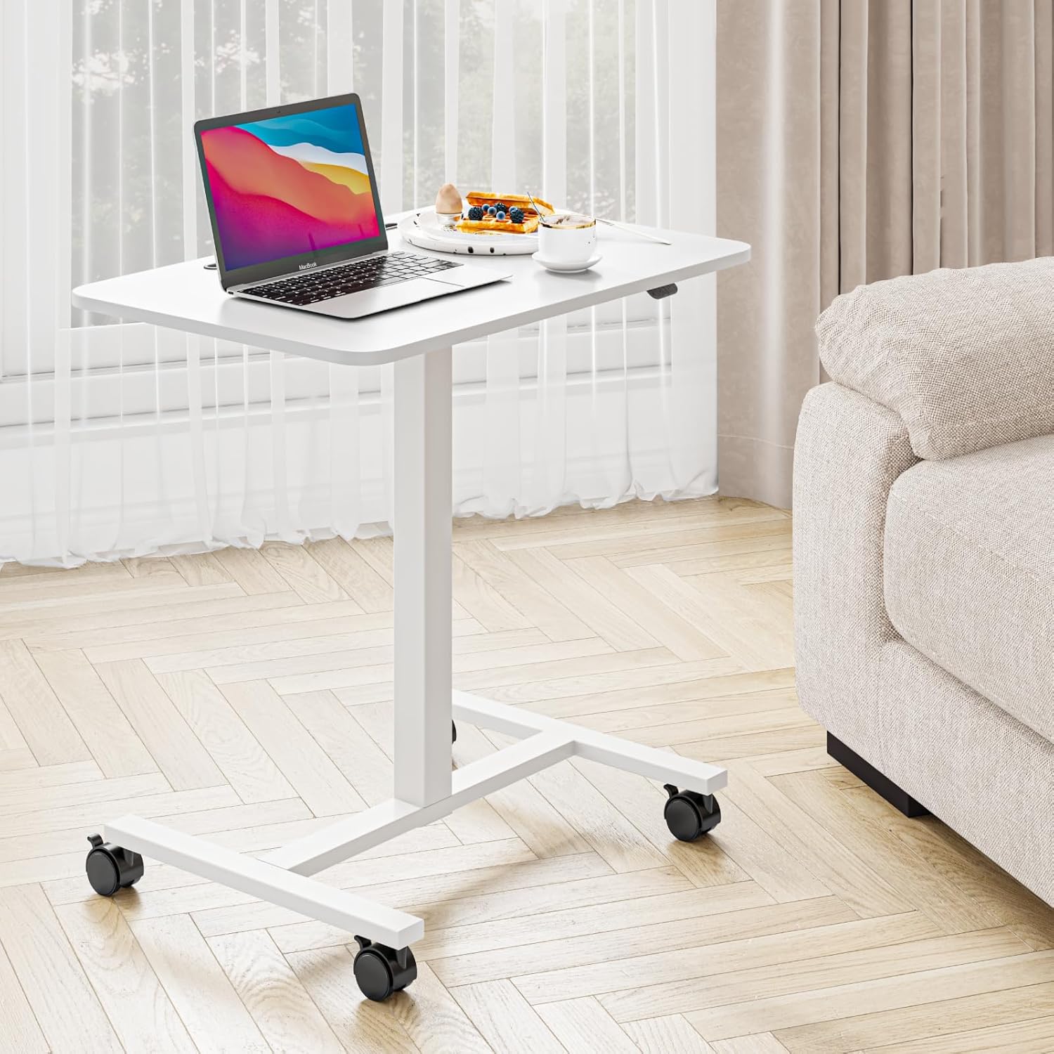 Dripex Computertisch höhenverstellbar mit Rollen, Schreibtisch klein, mobiler Stehpult, Überbett pflegetisch, beistelltisch für Wohnzimmer, Steh-Sitz PC Tisch, weiß