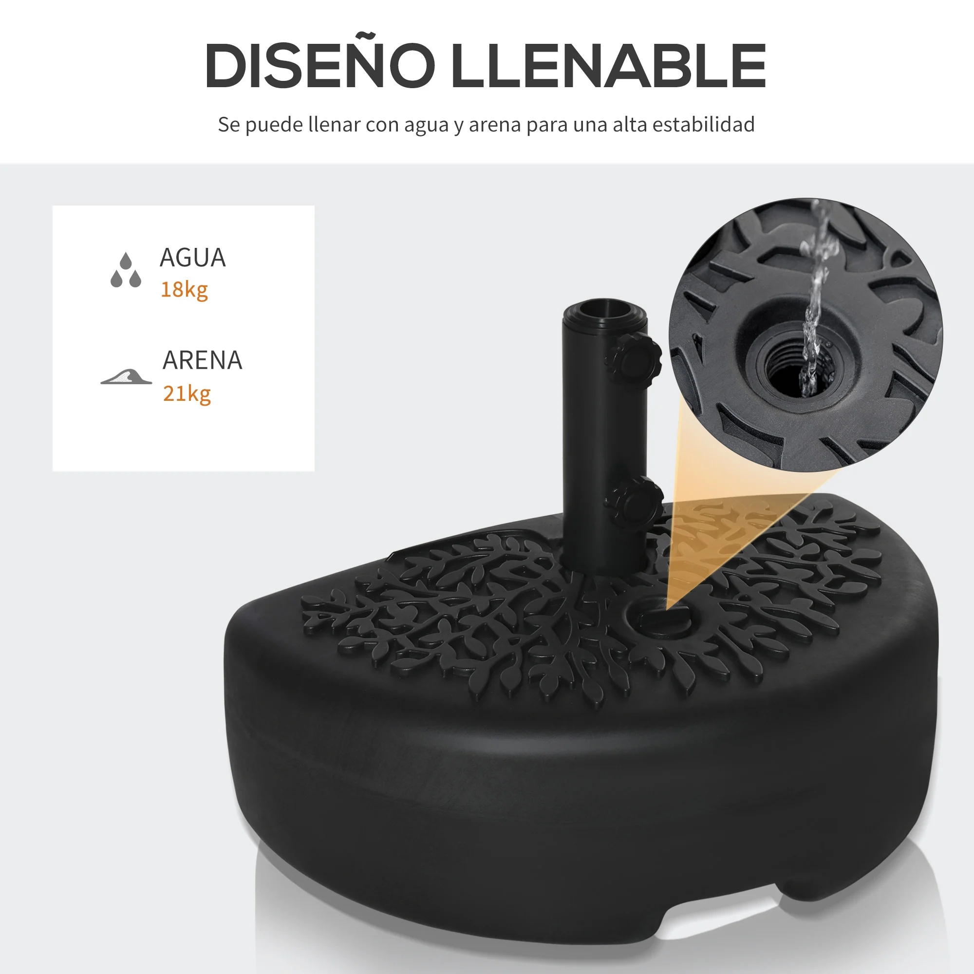 Base de parede para guarda-sol Outsunny Ø38/48 mm, suporte semicircular para guarda-sol, preenchível com 21 kg de areia ou 18 kg de água, para jardim, pátio, terraço e uso externo, 50x31x18 cm, preta