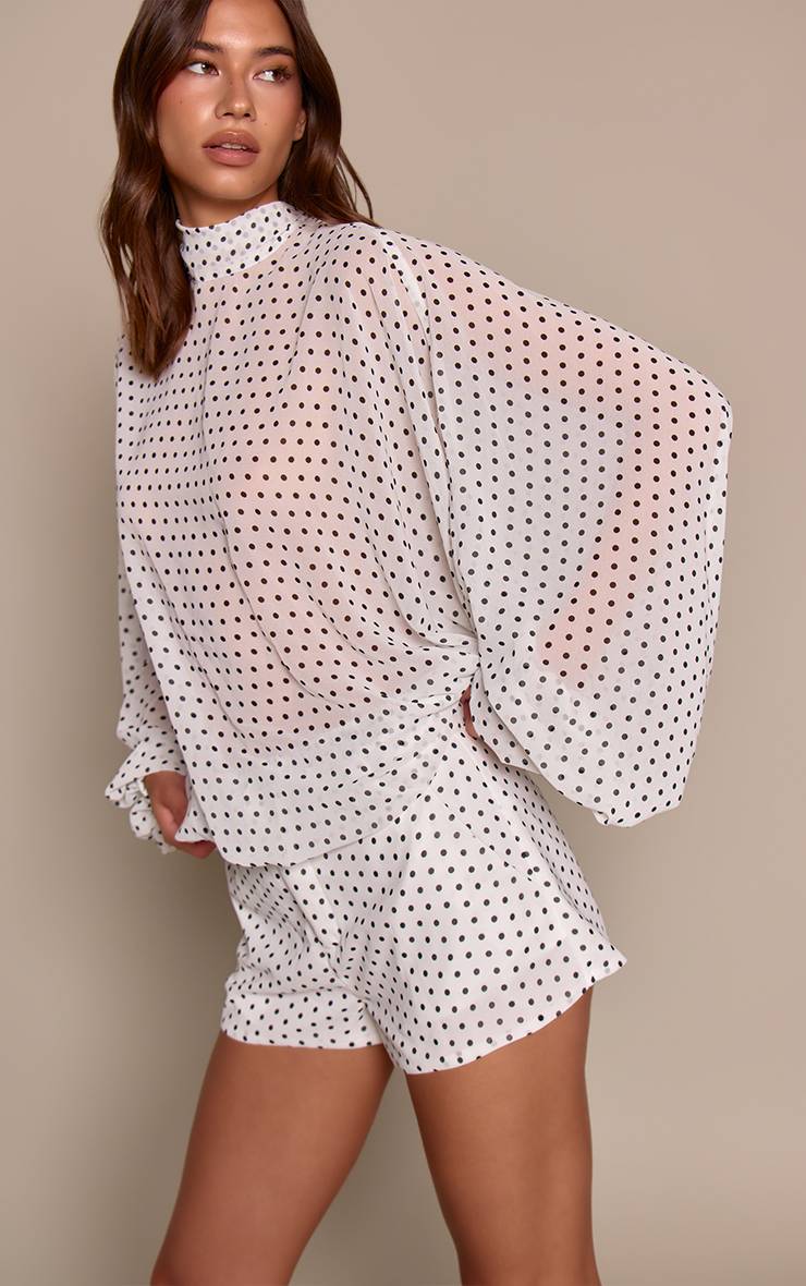 Blanc Ensemble Coordonné Short Court En Mousseline À Pois