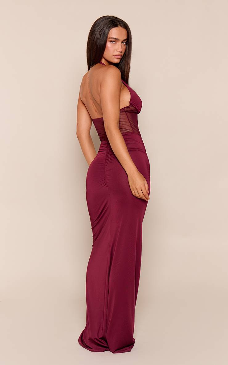 Rouge Bordeaux Robe Longue Moulante À Corset En Mesh Plongeant Et Col Licou