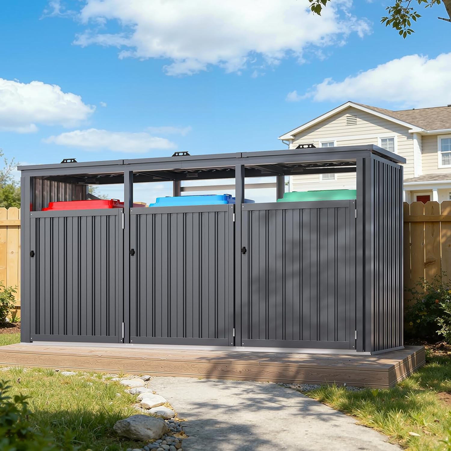 YODOLLA Mülltonnenbox 3er, Mülltonnenverkleidung 3 Tonnen bis 240L, Abschließbar Gartenschrank Wetterfest Geräteschuppen für den Außenbereich, 236x79x124cm, Dunkelgrau