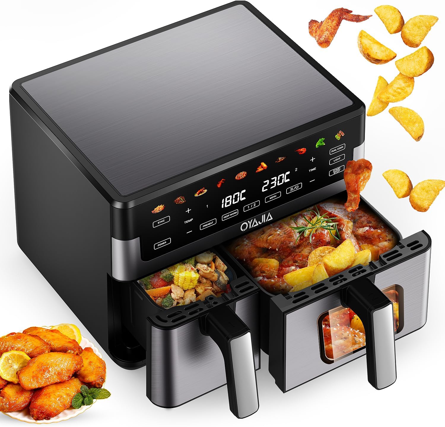 Airfryer Dual Basket 10L 2 Körbe 2 Gerichte Gleichzeitig Fertig Weniger Fett Energieeffizient Einfache Reinigung Airfryer - Digitaler Touchscreen Beleuchtetes Sichtfenster Silber&Schwarz