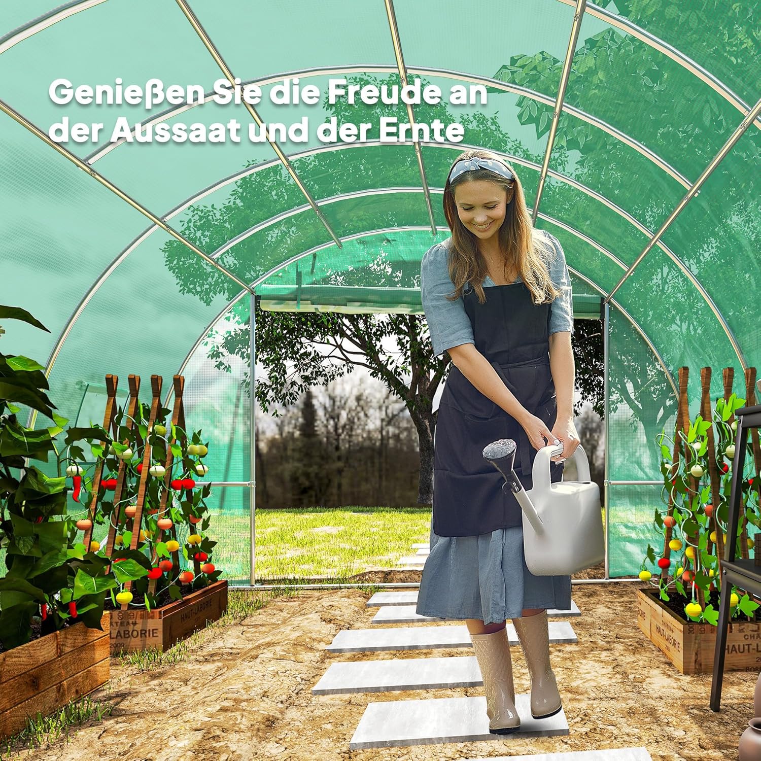 Outsunny Gewächshaus 300x400x200cm Foliengewächshaus Tomatenhaus mit Tür, 8 Fenster, Folientunnel aus verzinktem Stahl, 170g/m² PE, stabiles pflanztunnel, Treibhaus inkl. Erdanker & Seilen, Grün