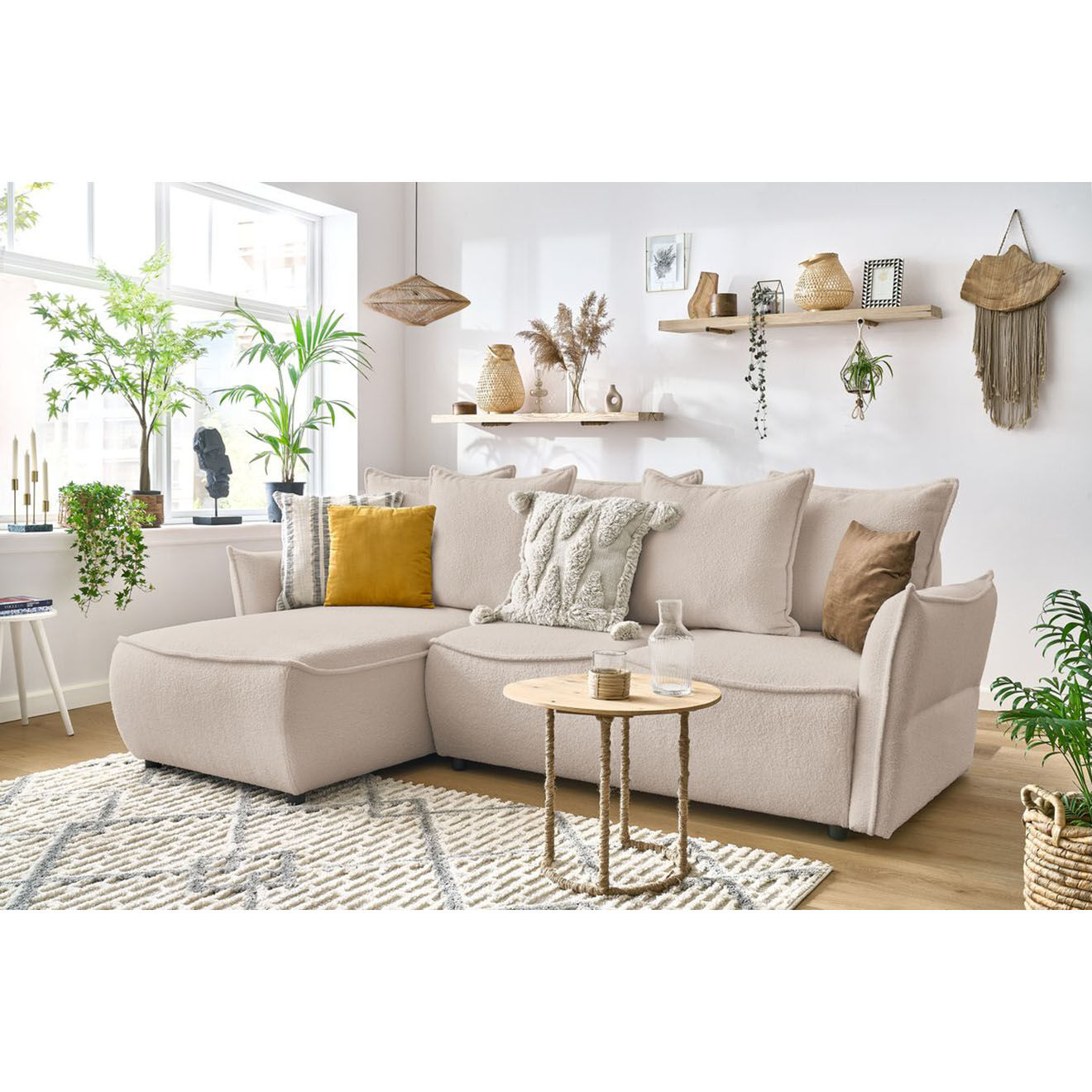 Bobochic Canapé d'angle gauche convertible bouclette Léon beige - 242x158x90 cm