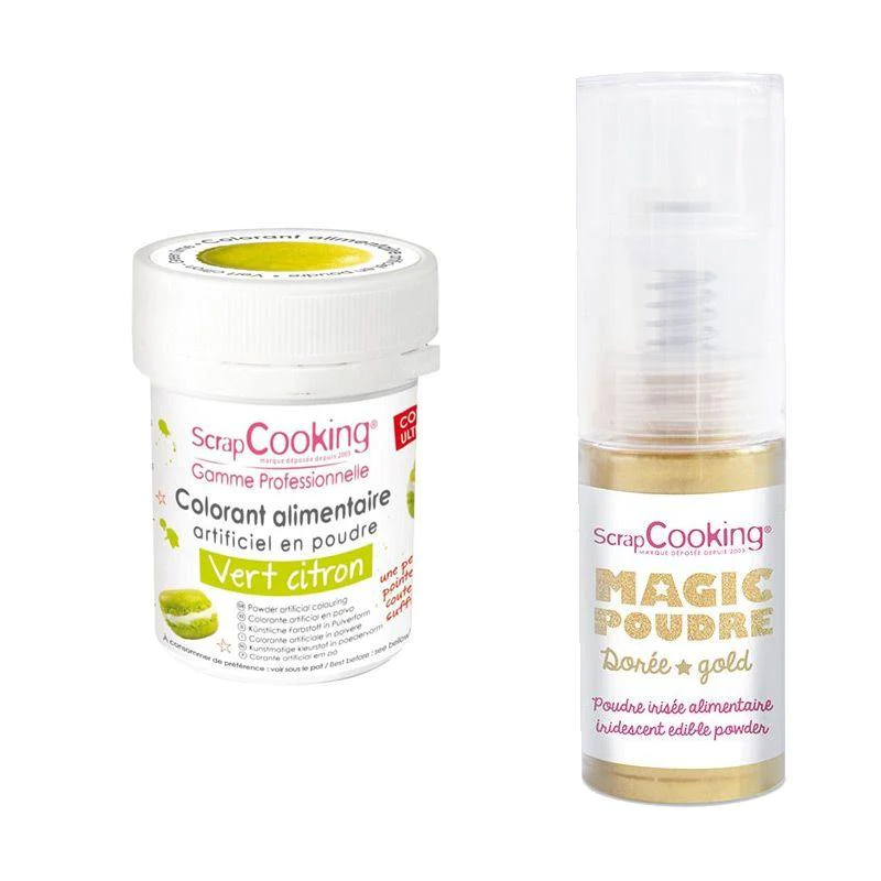 Colorant alimentaire Vert citron + Poudre alimentaire irisée dorée Scr