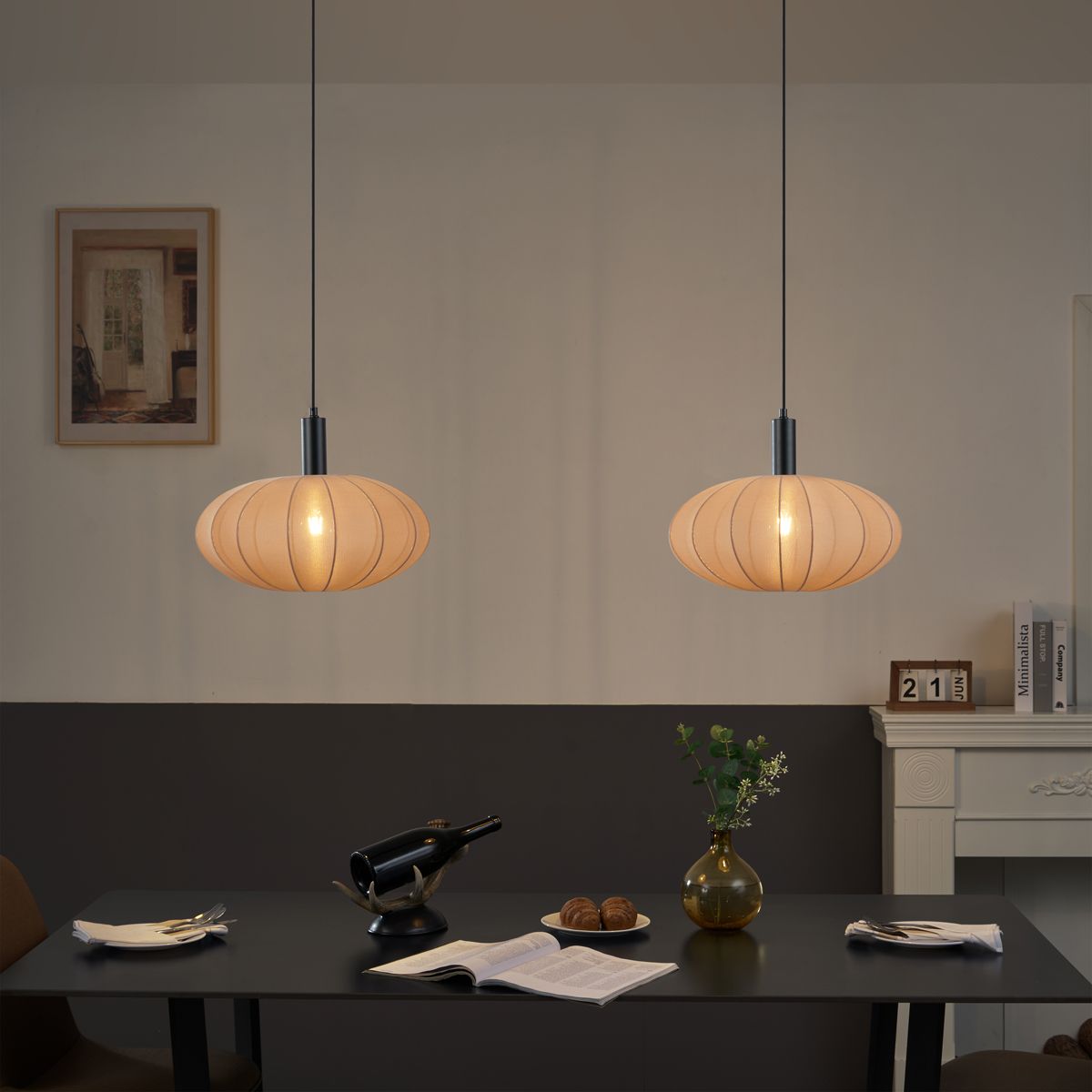 Japandi hanglamp zwart met bruine stoffen kap 2-lichts - Bida