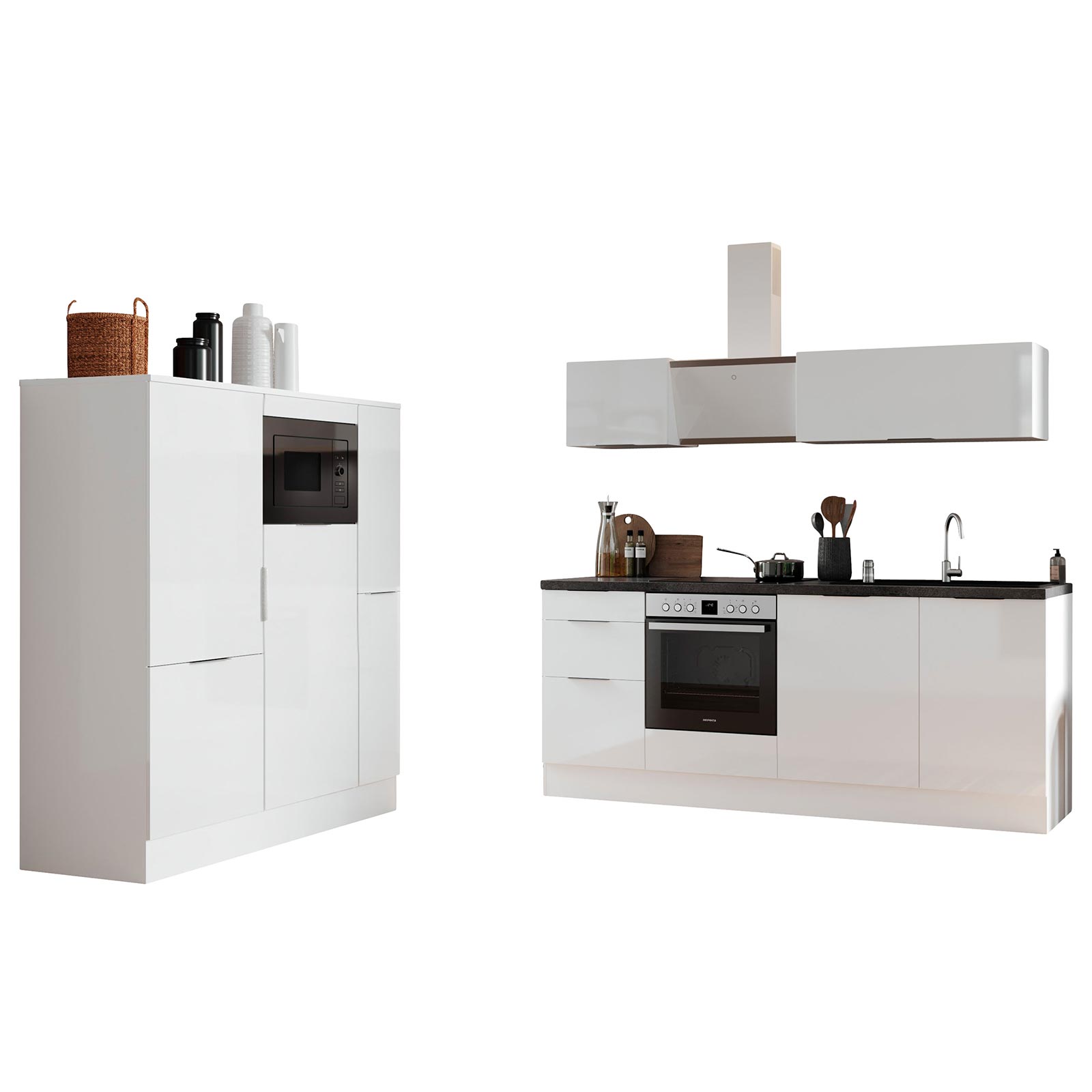 RESPEKTA Küchenblock - weiß Hochglanz - mit E-Geräten - 370 cm