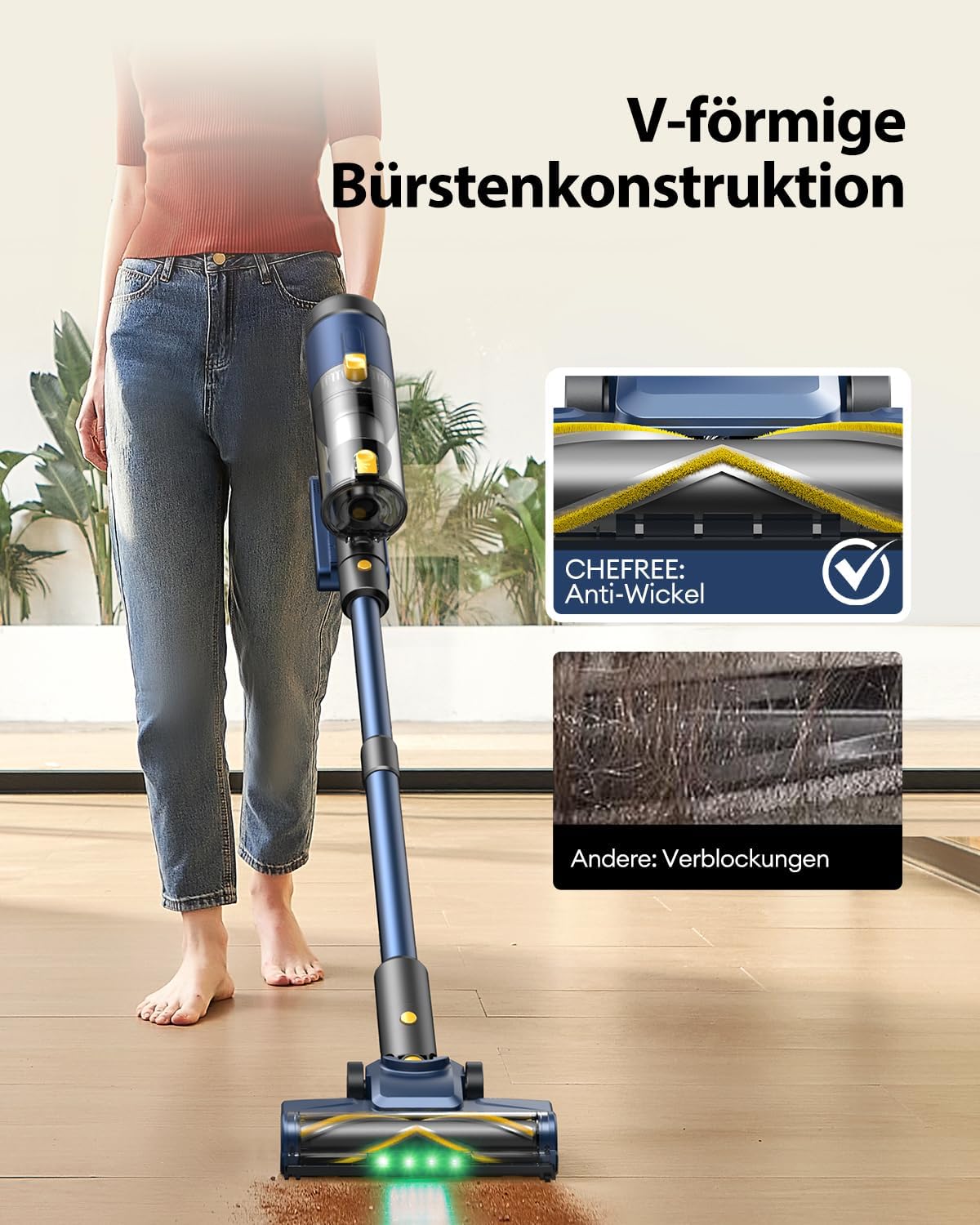 CHEFREE Akku Staubsauger, 48Kpa/450W/50Mins Staubsauger Kabellos mit Anti-Wickel-Bürste, GreenEye™, LED-Arbeitsleuchte & 180° Drehkopf, 2.2KG Leichtbau & Wandhalterung, Ideal für Hartböden, Teppiche