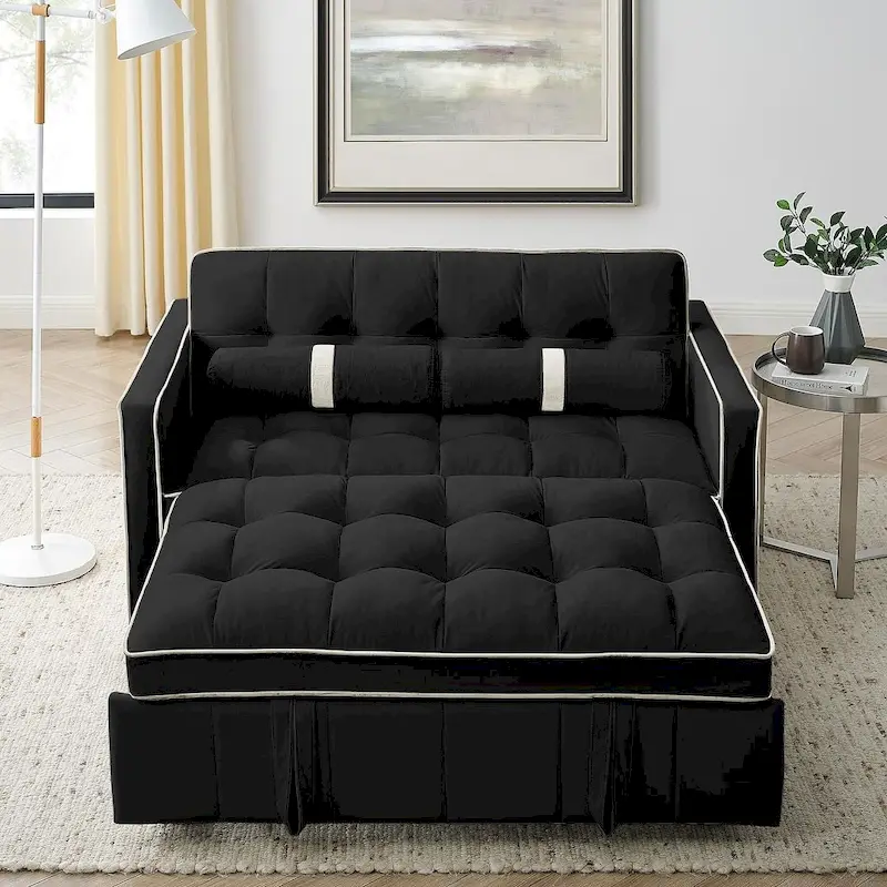 Velvet Multi-Functional Pull-Out Sofa Bed Adjustable Reclining Backrest With Pillows - N/A