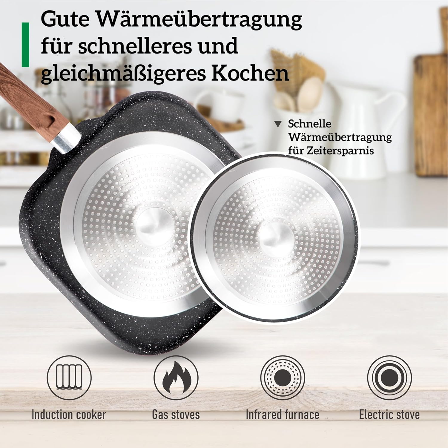 Kitchen Academy Topfset 17-teiliges Induktions-Kochgeschirr-Set mit Glasdeckeln und Granitbeschichtung inkl. Pfannen und Töpfe (Schwarz 17 tlg)