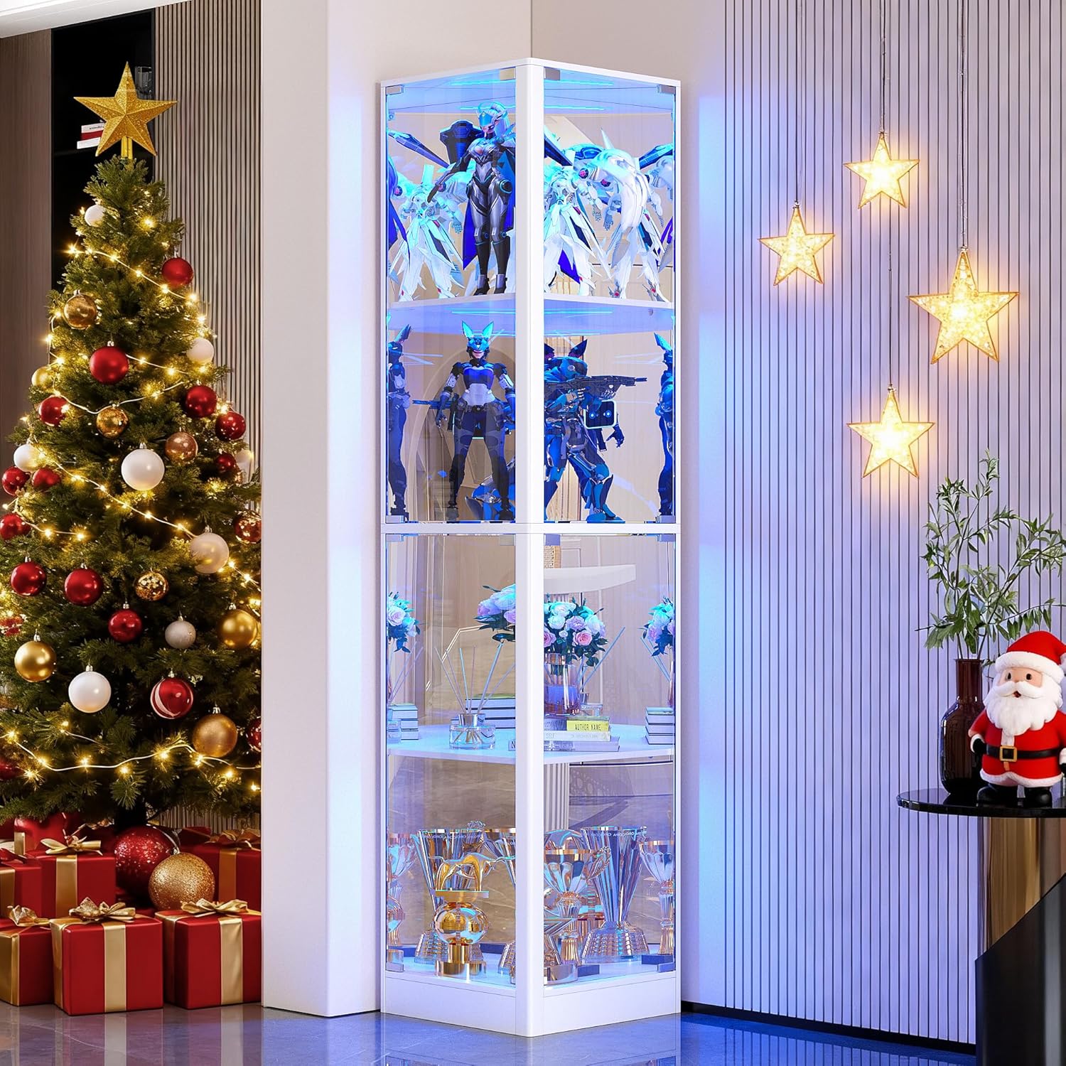 FREDEES Vitrine mit Glastüren, Eck-Kuriositätenschränke mit LED-Beleuchtung, 4-stöckige Glasvitrine für Sammlerstücke/Spielzeug/Bücher, Verspiegelter Aufbewahrungsschrank, Weiß