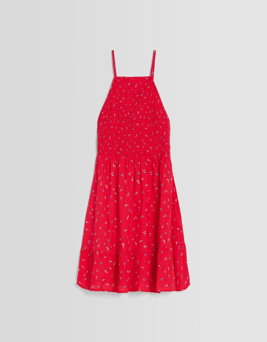 Vestido curto com estampa e decote halter