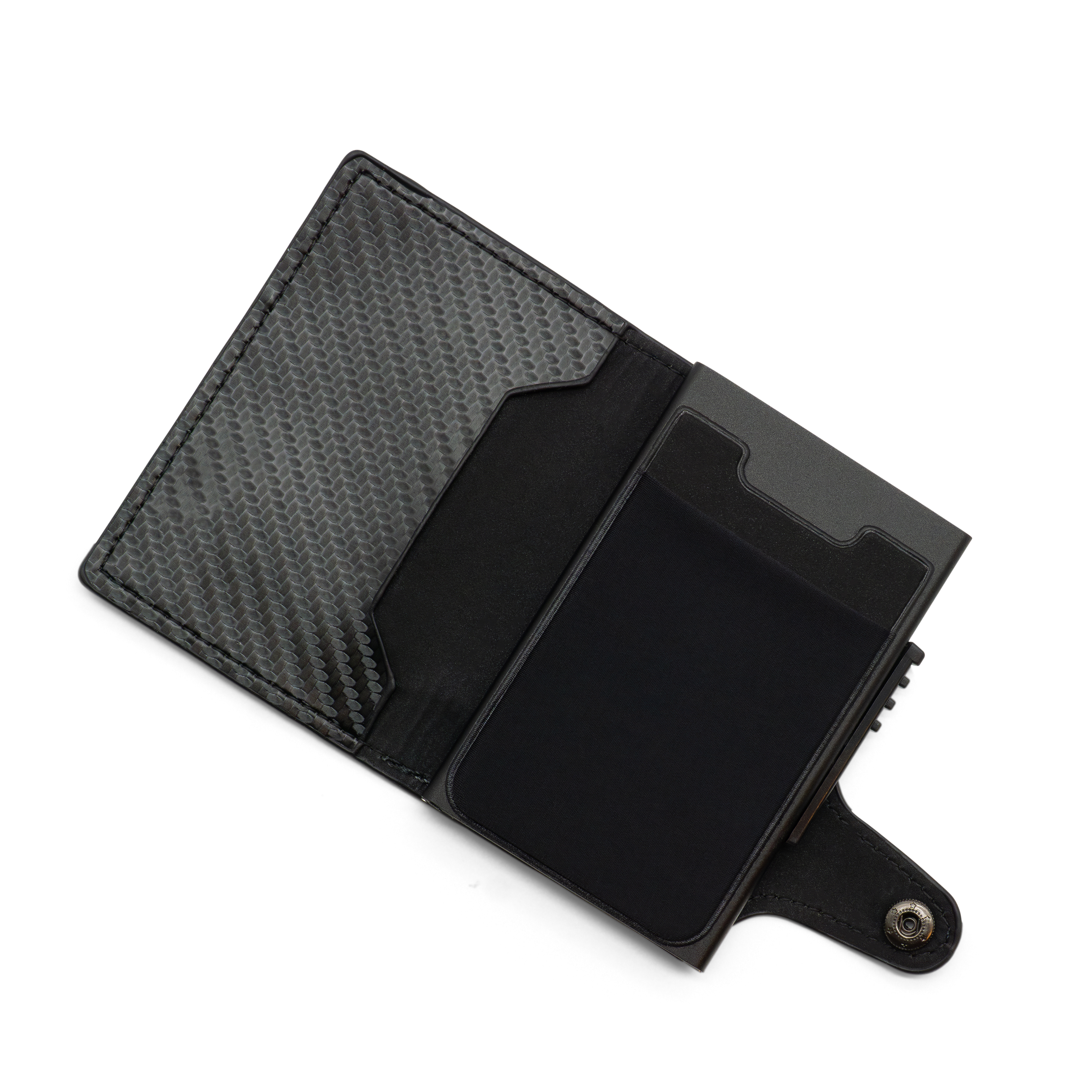 Mini Kreditkarten Leder Etui Geldbörse mit Kartenauswurf-Mechanismus für 8 Karten (RFID Schutz) - Schwarz / Carbon