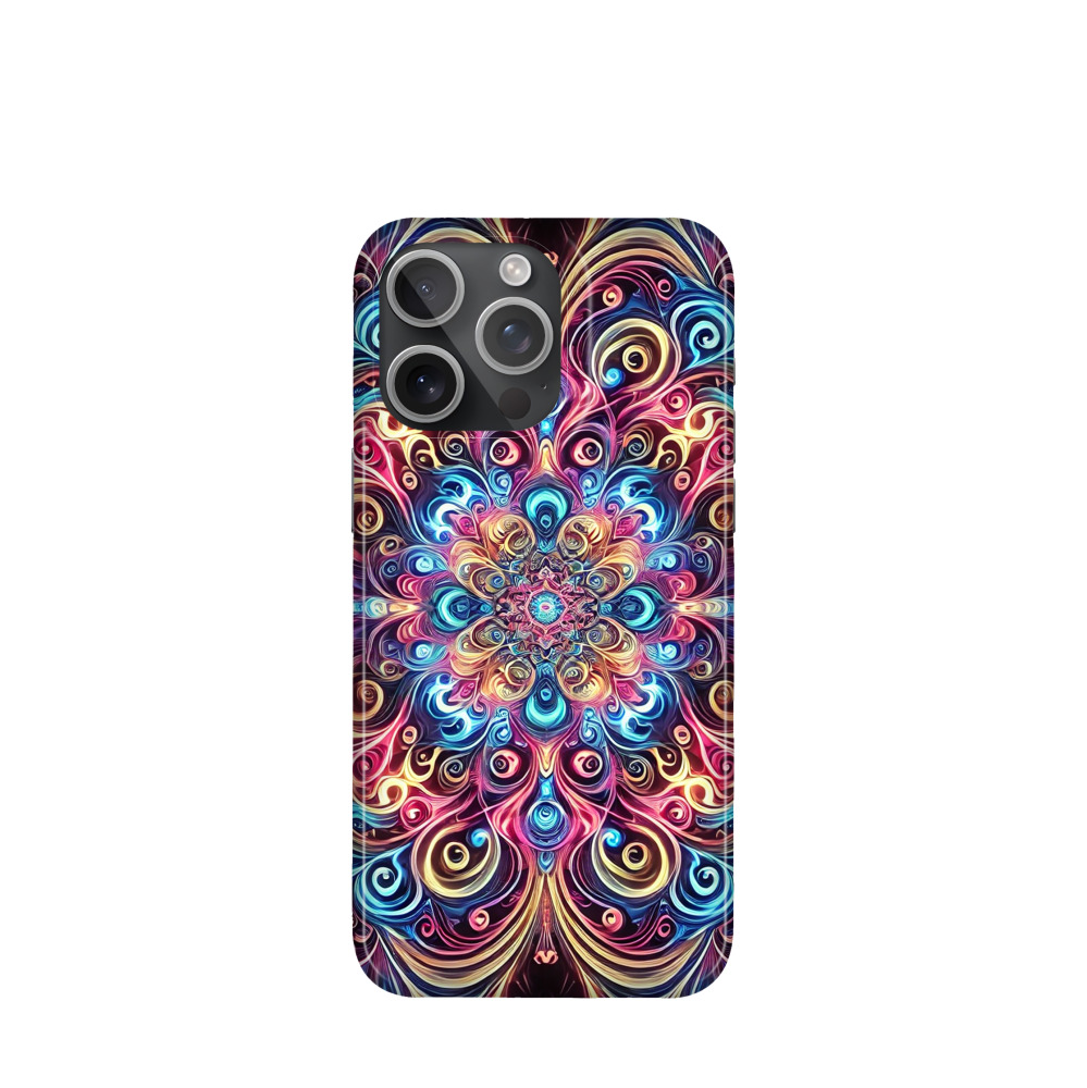 iPhone 15 Pro Max Kunststoff Hülle Neon Mandala - Blau / Gelb / Rot