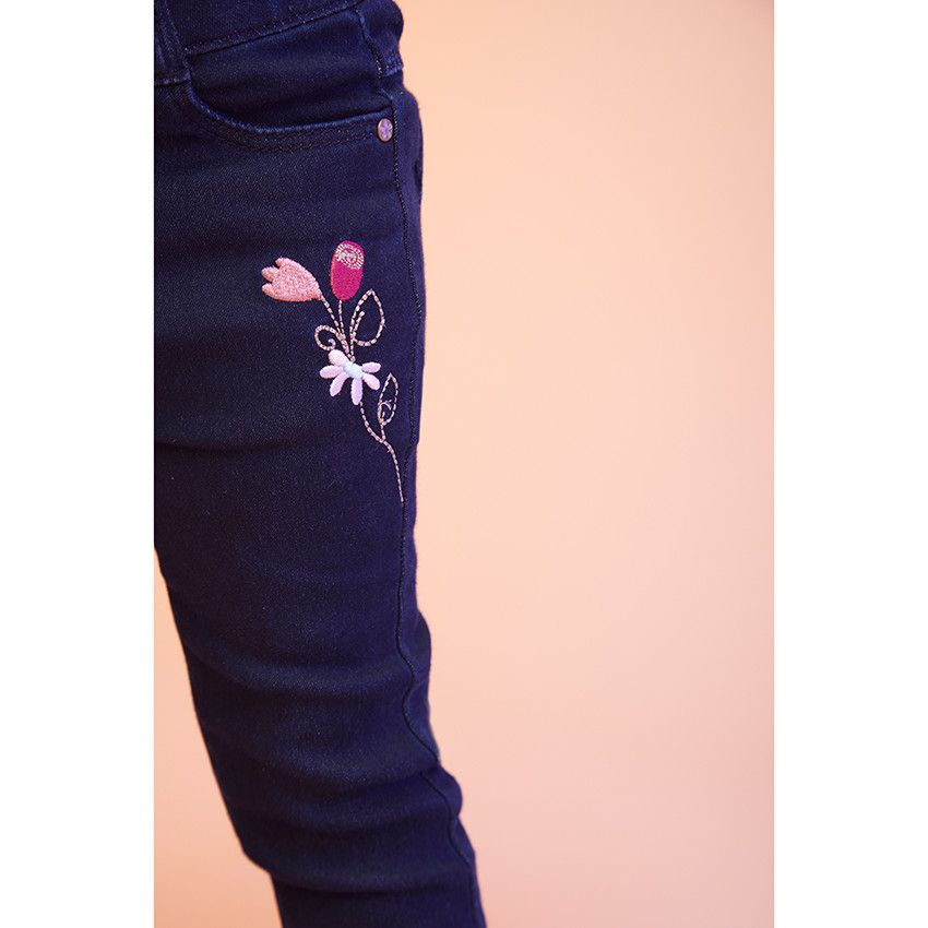 Pantalon effet jean avec broderie fleur pour bébé fille - Bleu marine