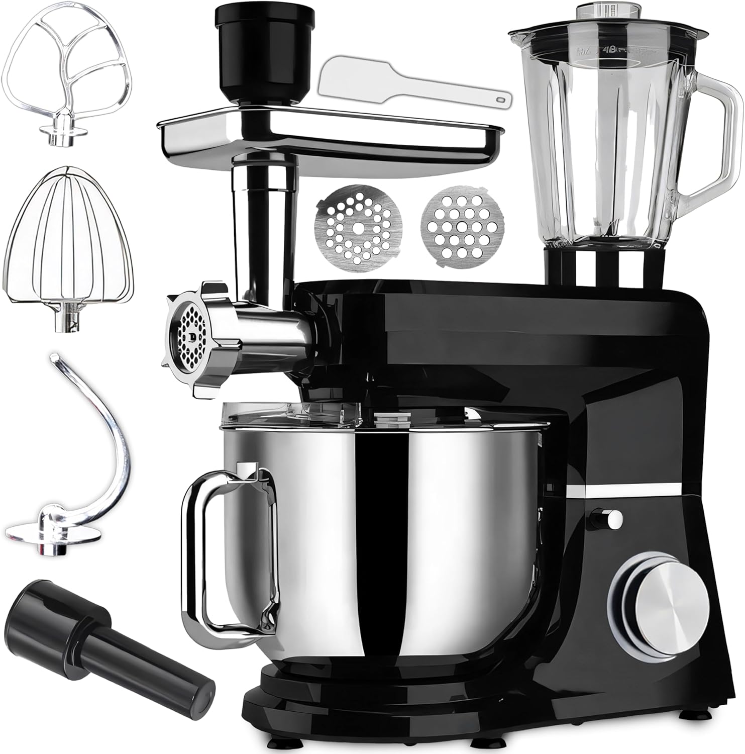 Retoo Küchenmaschine 3 in 1 1500W Large Stainless Steel Bowl 6L Meat Grinder Kneading Machine Multifunctional 6 speed settings 3 Mixing Tools Includes Splash Guard Lid Dough Hook and Whisk Versatile