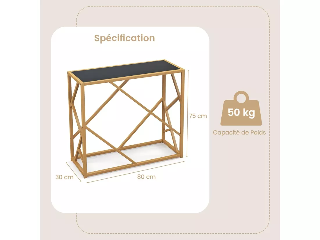 Console pour entrée avec plateau en verre trempé 80 cm, cadre en métal, 80 x 30 x 75 cm