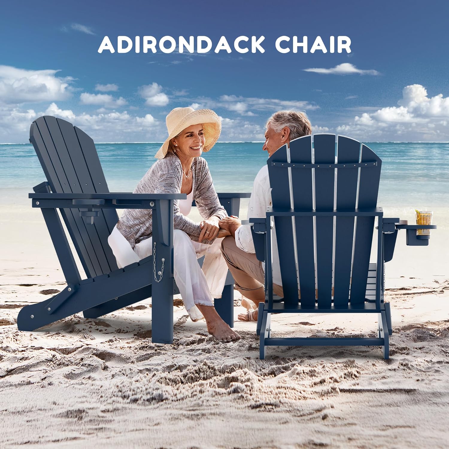 Adirondack Stuhl,HDPE-Wetterfester Klapp-Adirondack-Stuhl mit Becherhalter für Garten,Terrasse,Hinterhof,Patio(Blau)