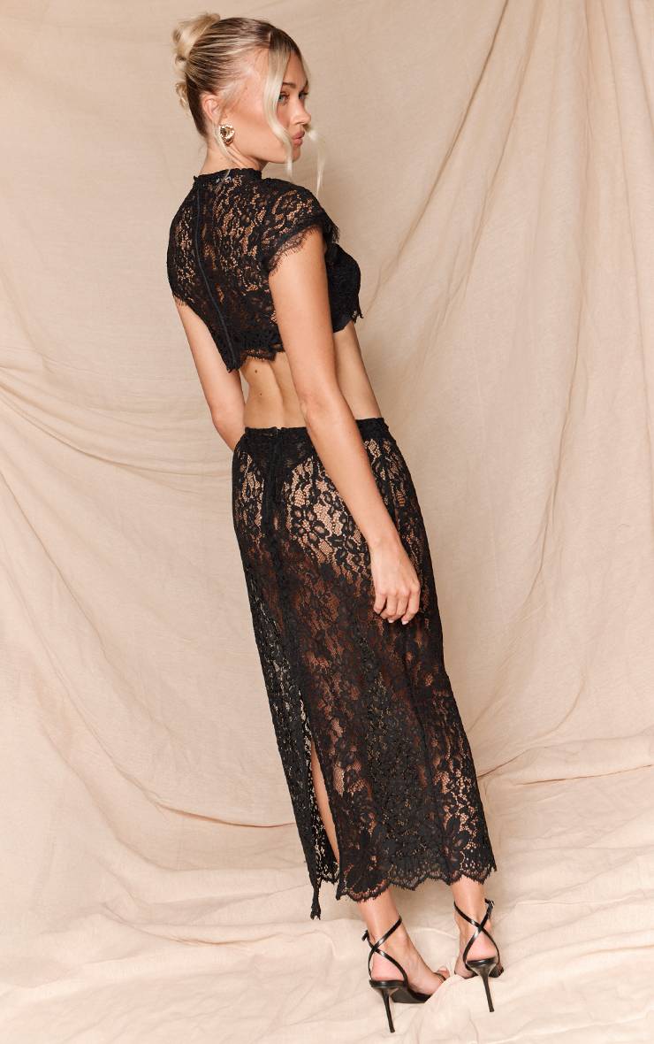 Noir Jupe Midi En Dentelle Transparente Taille Basse