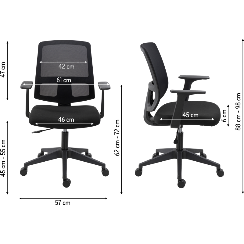 Chaise de bureau Douglas tissu et maille noir - dossier bas accoudoirs - mécanisme Haut/bas - pieds noir